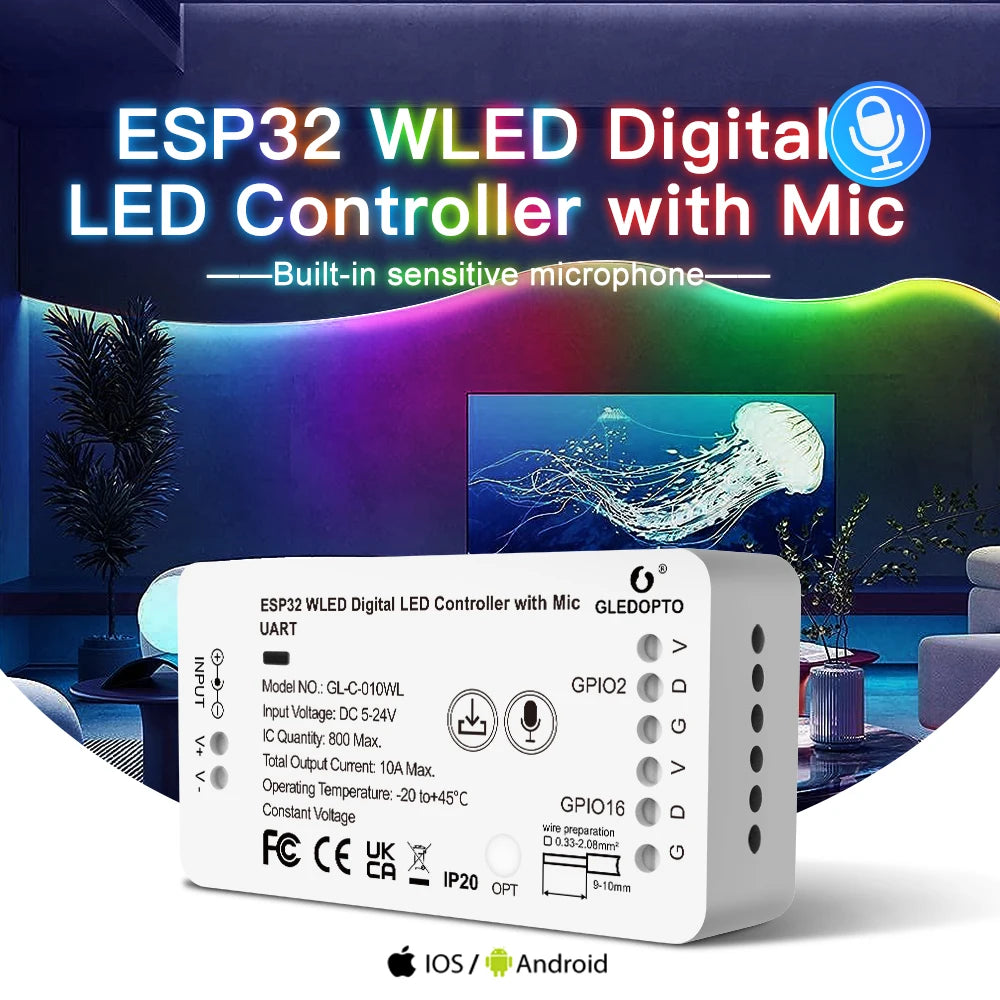 GLEDOPTO WLED LED Strip Controller ESP32 With Mic 100 Dynamic Light Mode DIY WiFi APP Control 800 IC WS2811 SK6812 LED Strip