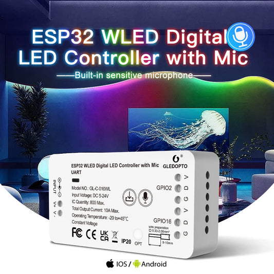 GLEDOPTO WLED LED Strip Controller ESP32 With Mic 100 Dynamic Light Mode DIY WiFi APP Control 800 IC WS2811 SK6812 LED Strip